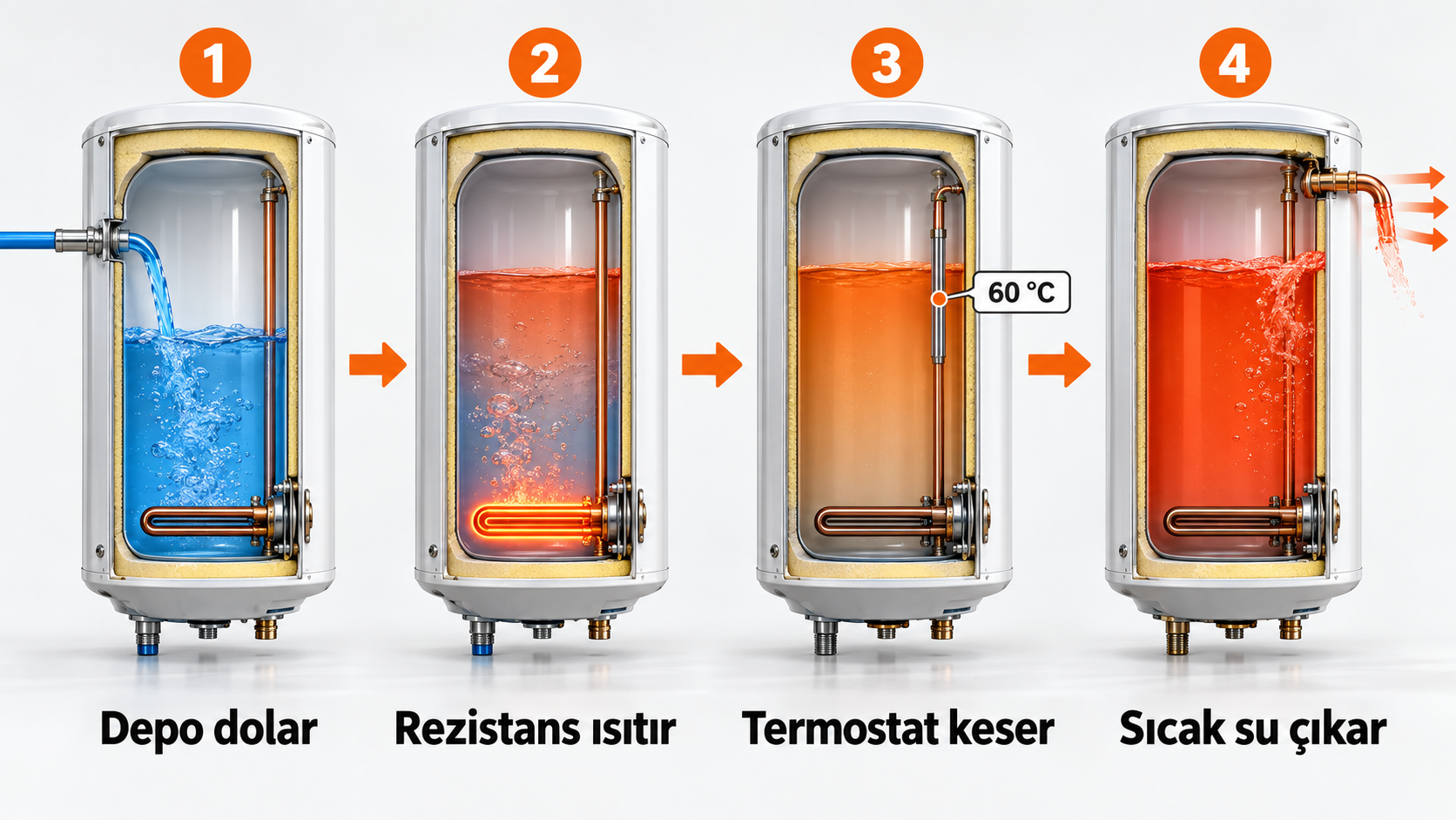 Depo dolumu, rezistansla ısıtma, termostatla kesme ve sıcak su çıkışını gösteren dört adımlı akış infografiği