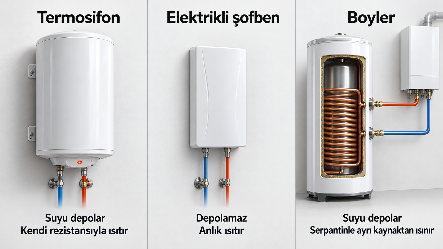 Termosifon, elektrikli şofben ve boyleri su depolama, ısı kaynağı ve güç profiline göre karşılaştıran görsel
